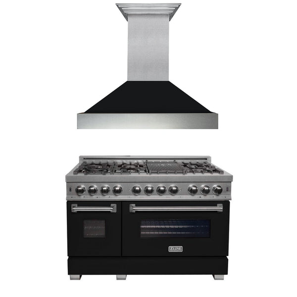 ZLINE 2 Piece Kitchen Appliance Package - 48" DuraSnow Stainless Steel Dual Fuel Range with Black Matte Door and Convertible Vent Range Hood (2KP-RASBLMRH48)