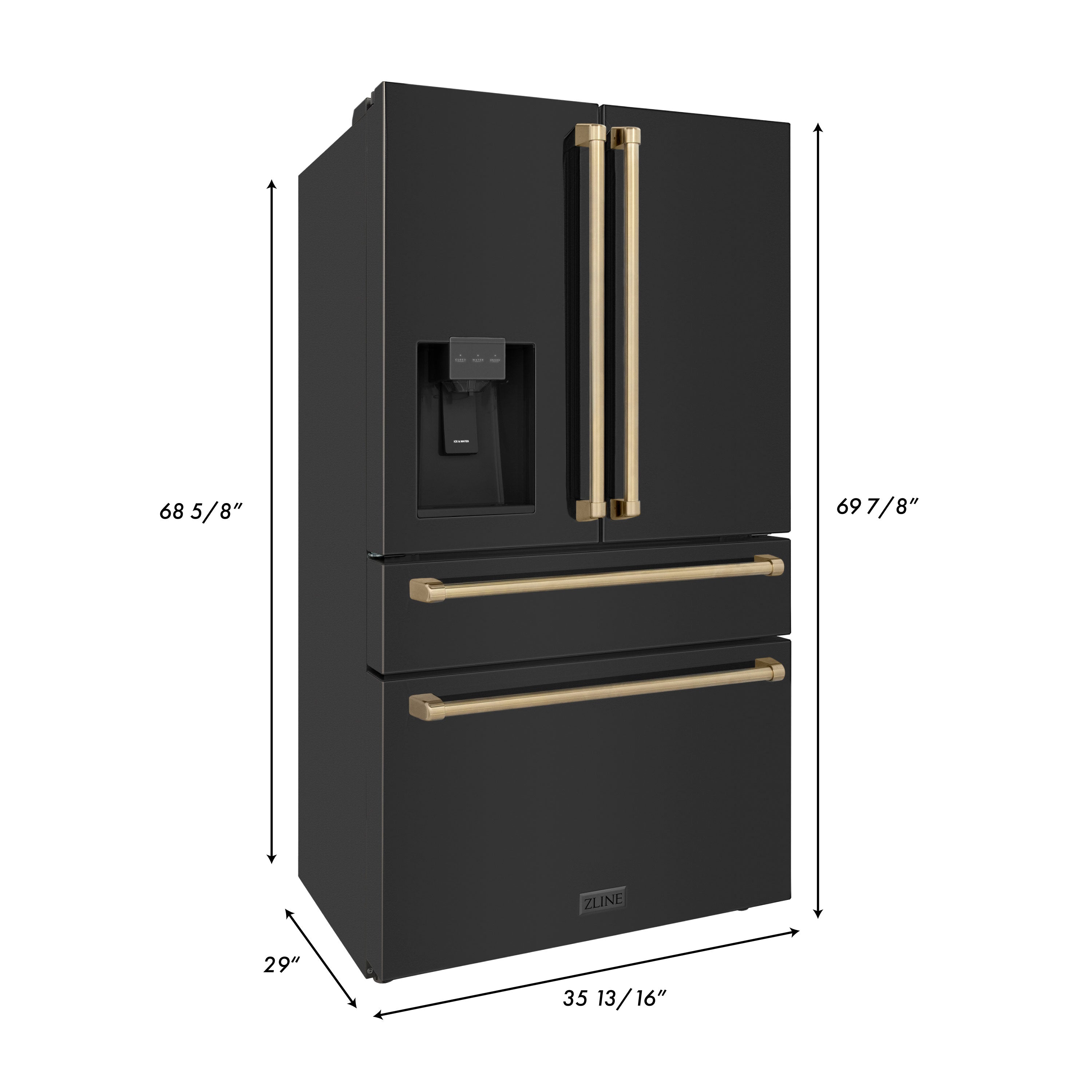 ZLINE 36" Autograph Edition 21.6 cu. ft Freestanding French Door Refrigerator with Water and Ice Dispenser in Fingerprint Resistant Black Stainless Steel with Accents (RFMZ-W-36-BS)