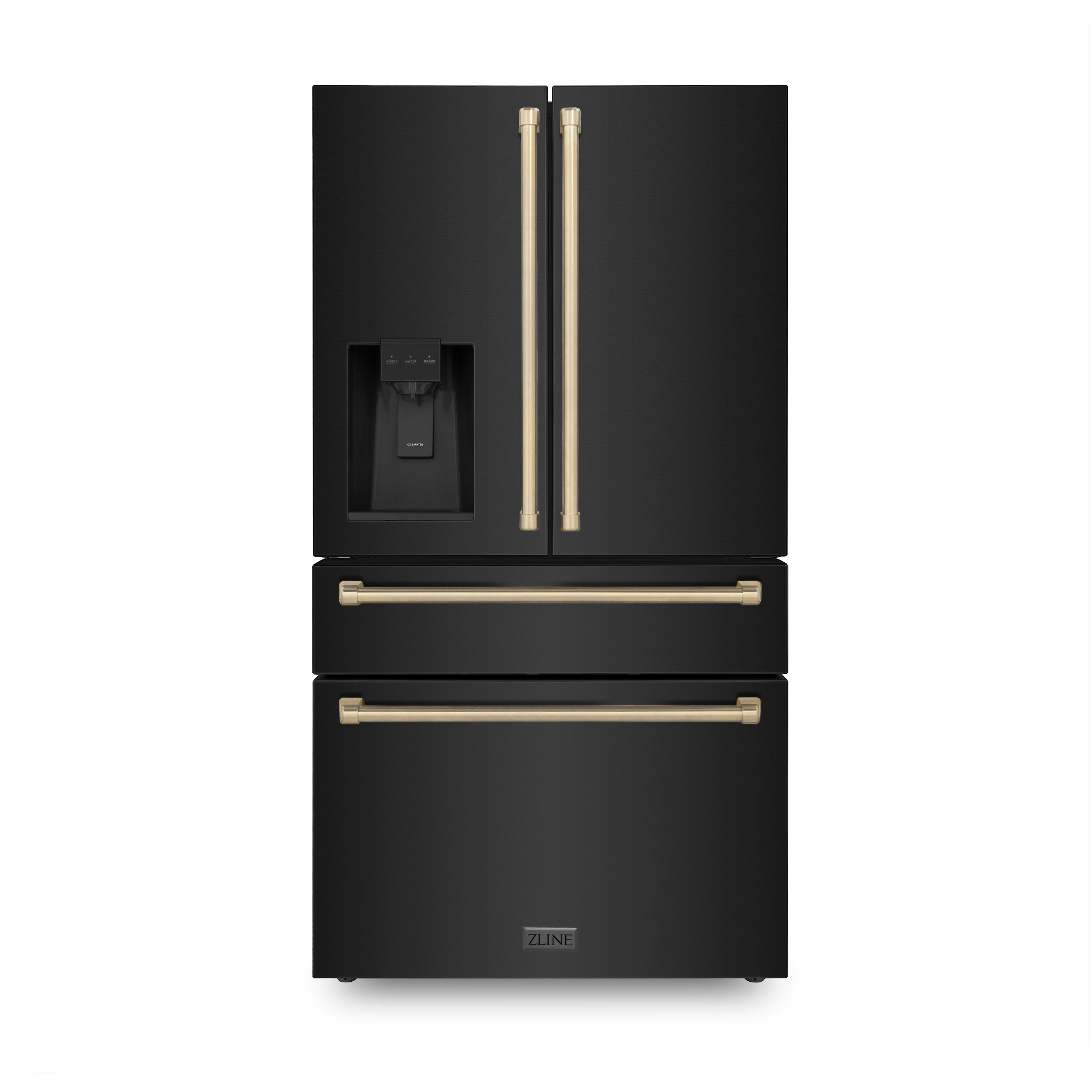 ZLINE 36" Autograph Edition 21.6 cu. ft Freestanding French Door Refrigerator with Water and Ice Dispenser in Fingerprint Resistant Black Stainless Steel with Accents (RFMZ-W-36-BS)