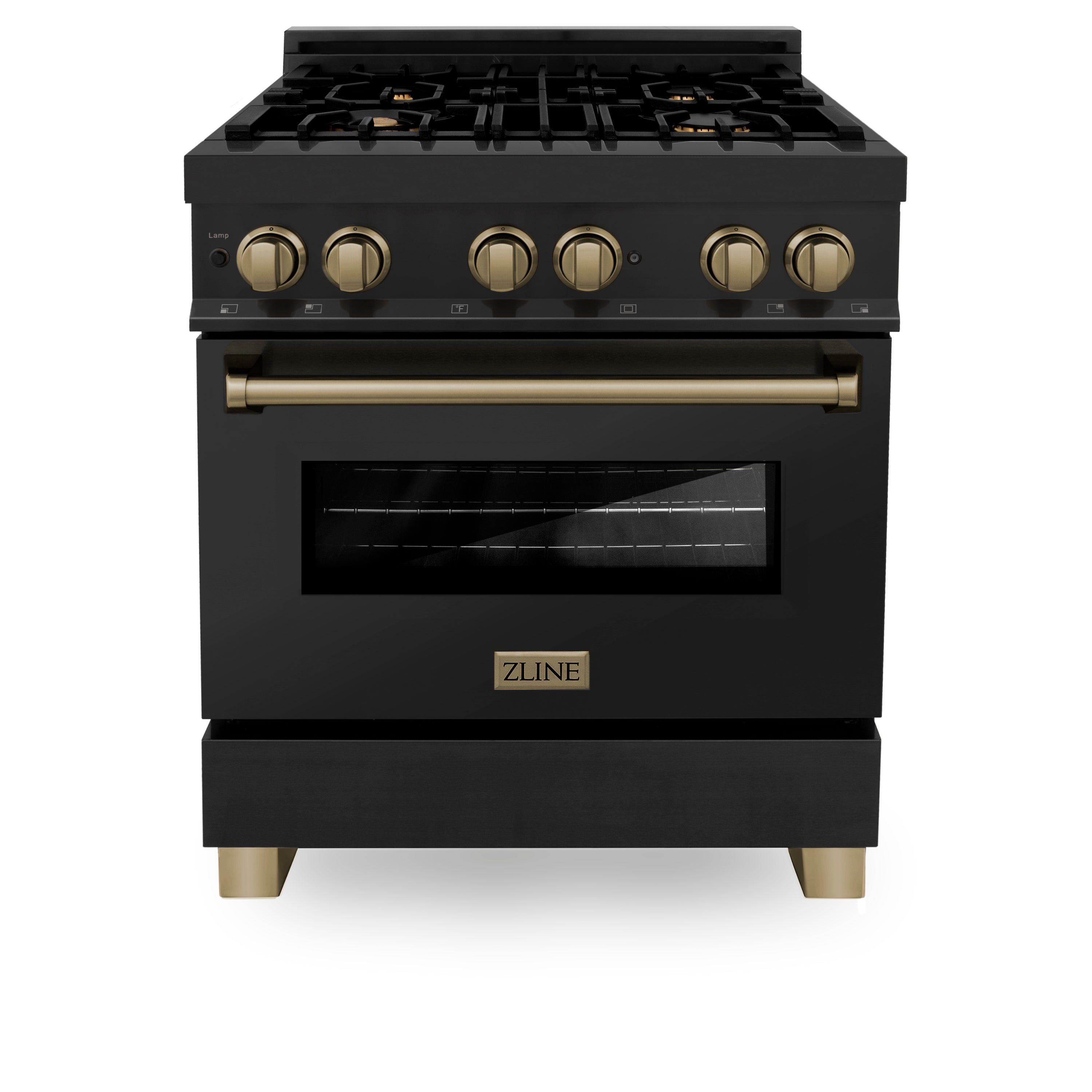 ZLINE Autograph Edition 30" 4.0 cu. ft. Dual Fuel Range with Gas Stove and Electric Oven in Black Stainless Steel with Accents (RABZ-30)