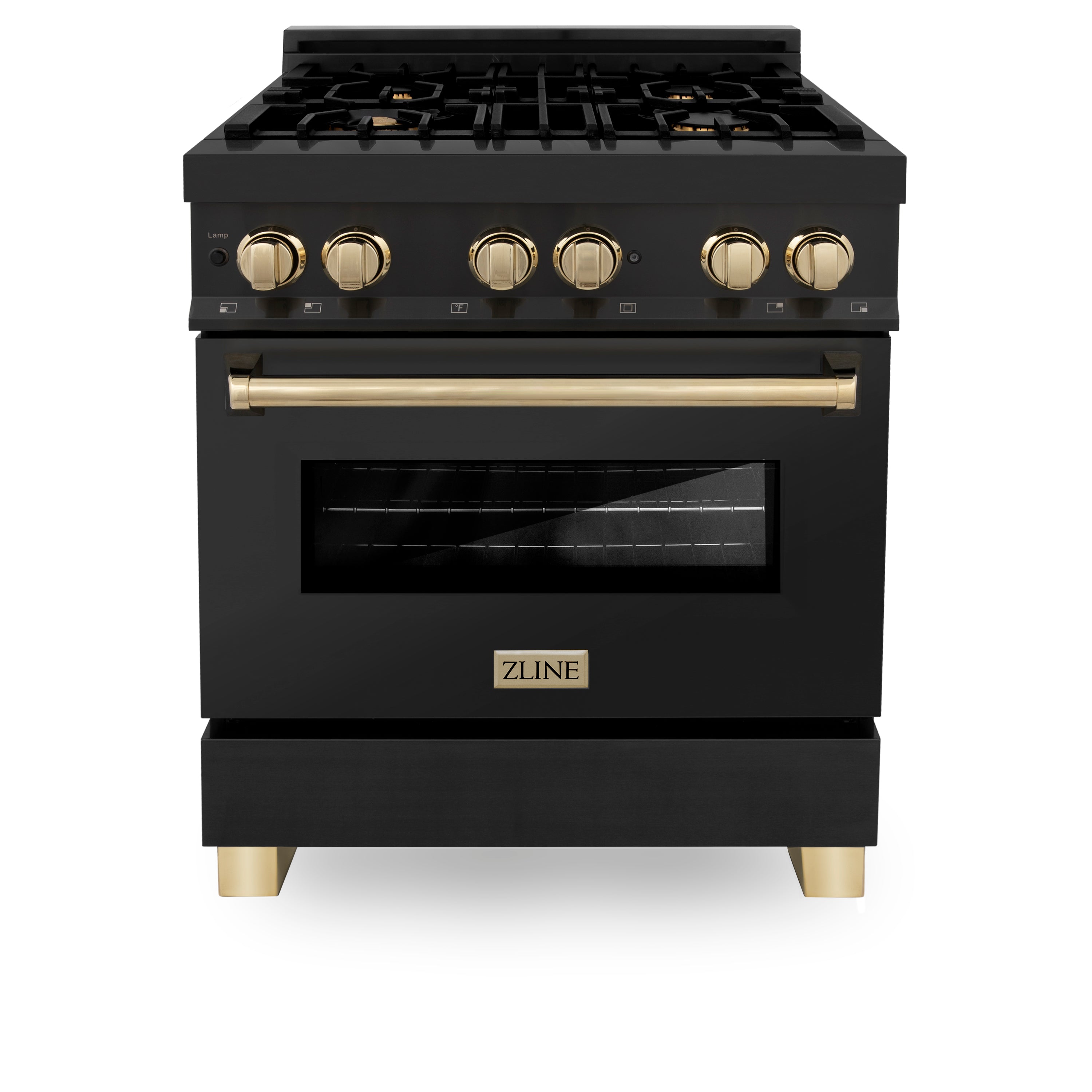 ZLINE Autograph Edition 30" 4.0 cu. ft. Dual Fuel Range with Gas Stove and Electric Oven in Black Stainless Steel with Accents (RABZ-30)