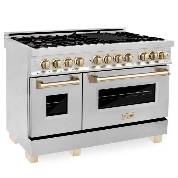 ZLINE Autograph Edition 48" 6.0 cu. ft. Dual Fuel Range with Gas Stove and Electric Oven in Stainless Steel with Accents (RAZ-48)