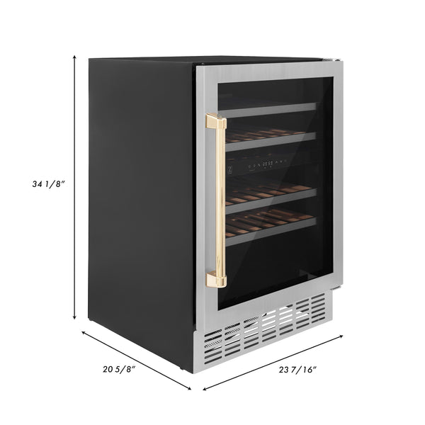ZLINE 24" Autograph Edition Dual Zone 44-Bottle Wine Cooler in Stainless Steel with Wood Shelf and Gold Accents (RWVZ-UD-24-G)