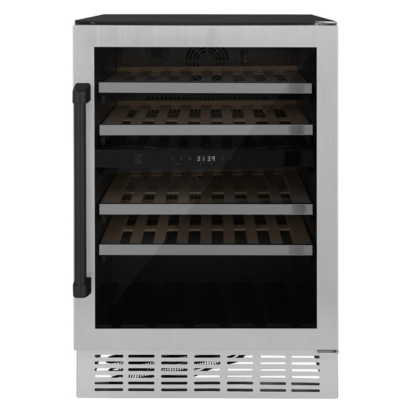 ZLINE 24" Autograph Edition Dual Zone 44-Bottle Wine Cooler in Stainless Steel with Wood Shelf and Matte Black Accents (RWVZ-UD-24-MB)