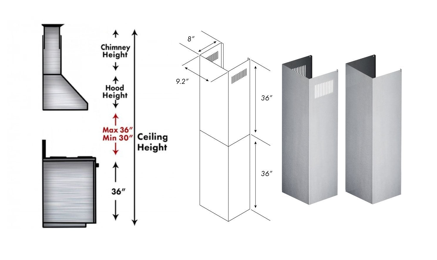 ZLINE 2-36" Chimney Extensions for 10 ft. to 12 ft. Ceilings (2PCEXT-KB/KL2/KL3)