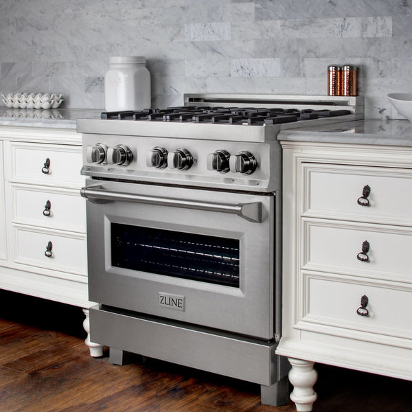 ZLINE 30" 4.0 cu. ft. Dual Fuel Range with Gas Stove and Electric Oven in DuraSnow® Stainless Steel with Color Door Options (RAS-SN-30)